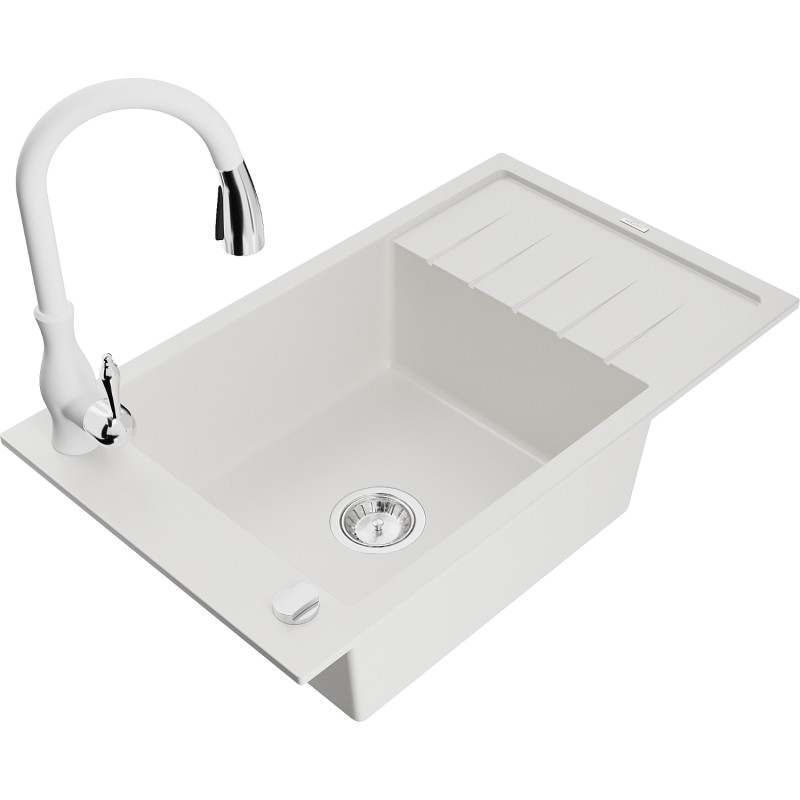Mexen Elias granite sink with 1 bowl, drainer and Savita kitchen faucet, white - 6511-20-672601-20