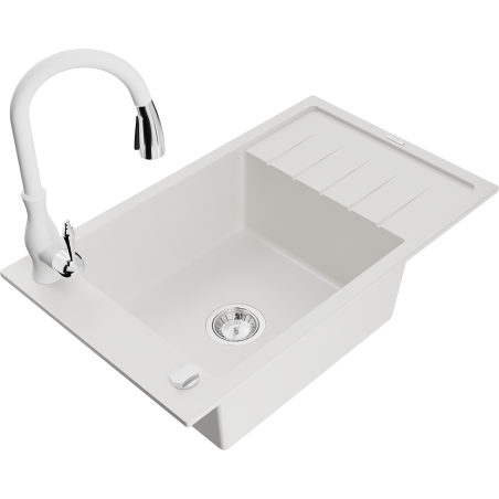Mexen Elias 1-compartment granite sink with a drip tray and kitchen mixer tap Savita, White - 6511-20-672601-20