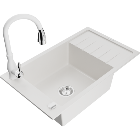 Mexen Elias granite sink 1-bowl with drainer and Savita kitchen tap, white - 6511-20-672601-20