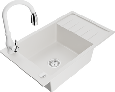 Mexen Elias granite sink 1-bowl with drainer and Savita kitchen tap, white - 6511-20-672601-20
