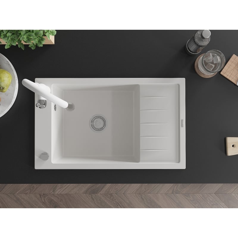 Mexen Elias granite kitchen sink 1-bowl with drainer and Savita kitchen faucet, white - 6511-20-672601-20