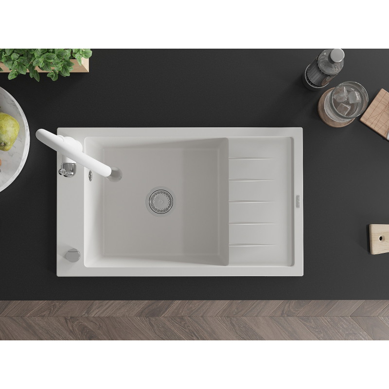 Mexen Elias granite sink with 1 bowl, drainer and Savita kitchen faucet, white - 6511-20-672601-20