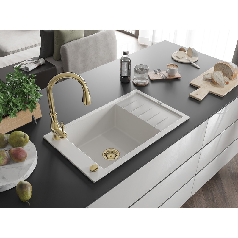 Mexen Elias 1-bowl granite sink with drainer and Savita kitchen faucet, white - 6511-20-672601-50