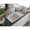 Mexen Elias 1-bowl granite sink with drainer and Savita kitchen faucet, white - 6511-20-672601-50