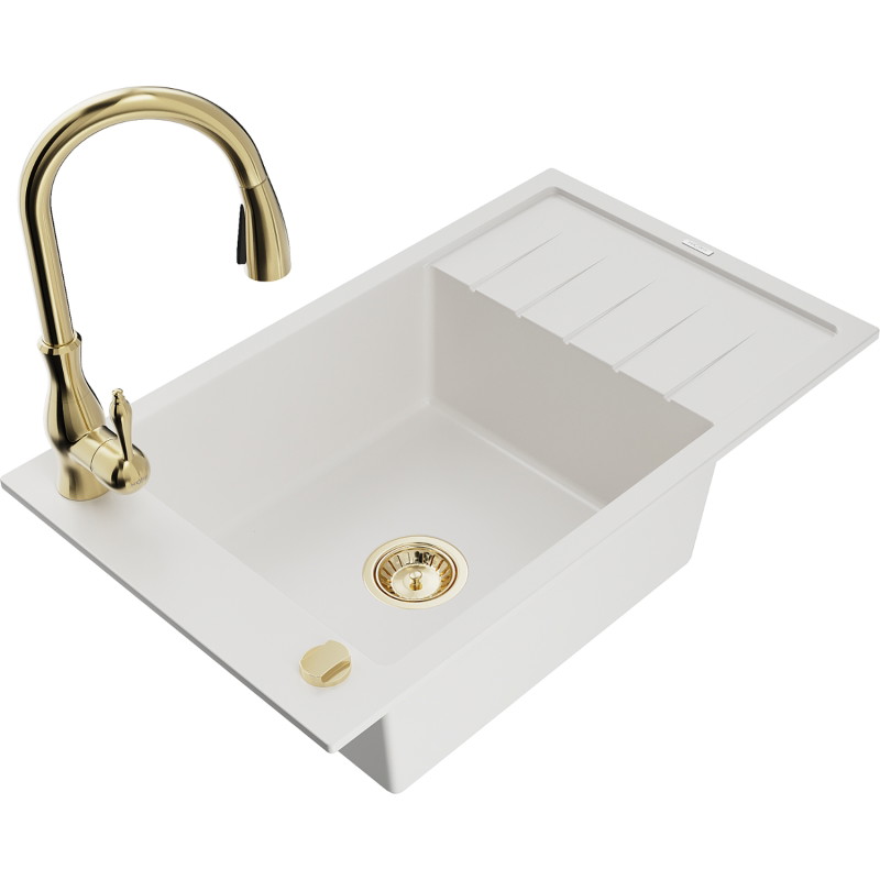 Mexen Elias 1-bowl granite sink with drainer and Savita kitchen faucet, white - 6511-20-672601-50