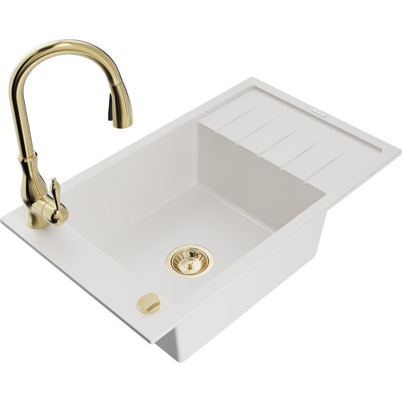 Mexen Elias 1-bowl granite sink with drainer and Savita kitchen tap, white - 6511-20-672601-50
