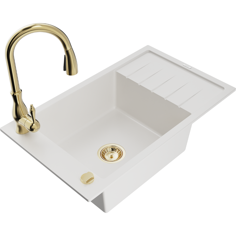 Mexen Elias 1-compartment granite sink with a drip tray and kitchen mixer tap Savita, White - 6511-20-672601-50