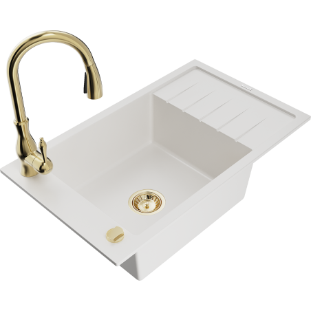 Mexen Elias 1-bowl granite sink with drainer and Savita kitchen tap, white - 6511-20-672601-50