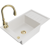Mexen Elias 1-bowl granite sink with drainer and Savita kitchen tap, white - 6511-20-672601-50