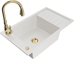 Mexen Elias 1-compartment granite sink with a drip tray and kitchen mixer tap Savita, White - 6511-20-672601-50