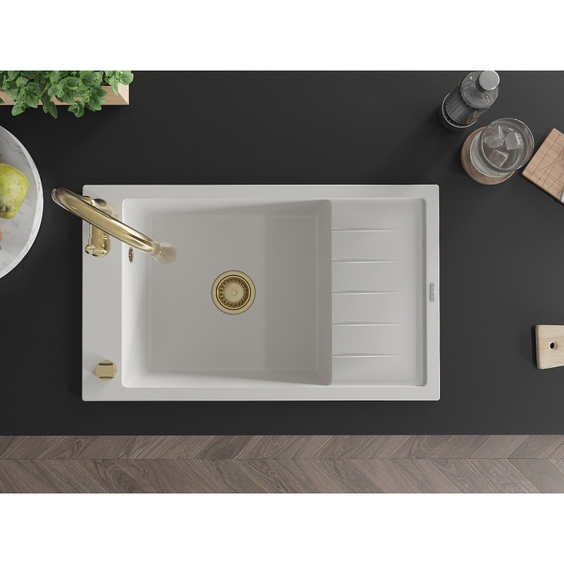Mexen Elias 1-bowl granite sink with drainer and Savita kitchen faucet, white - 6511-20-672601-50
