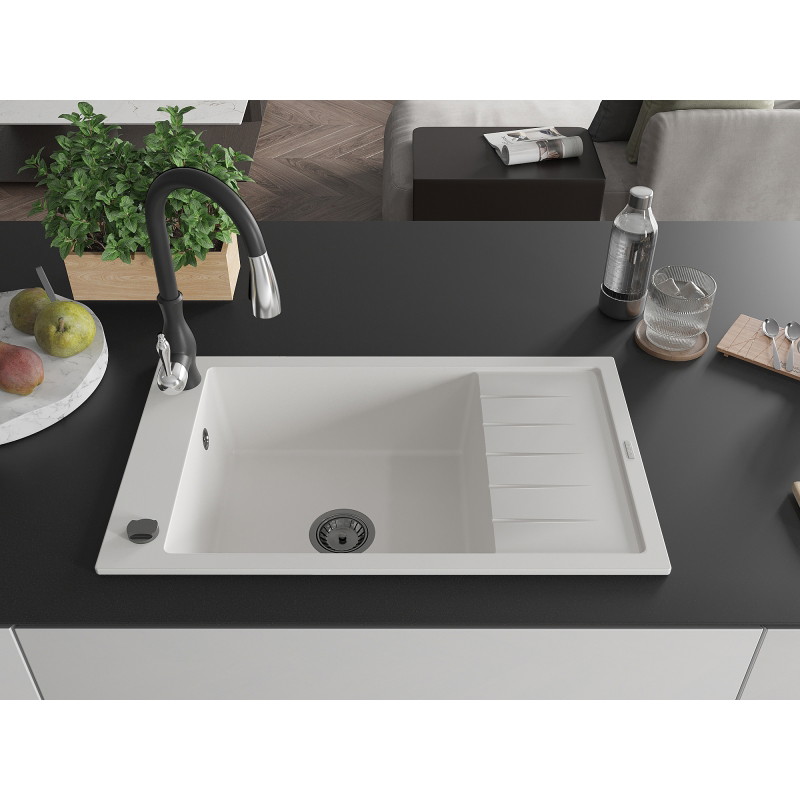 Mexen Elias 1-bowl granite sink with drainer and Savita kitchen faucet, white - 6511-20-672601-70