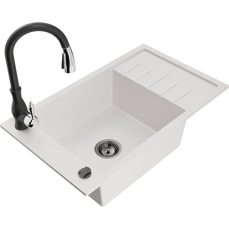 Mexen Elias 1-bowl granite sink with drainer and Savita kitchen faucet, white - 6511-20-672601-70
