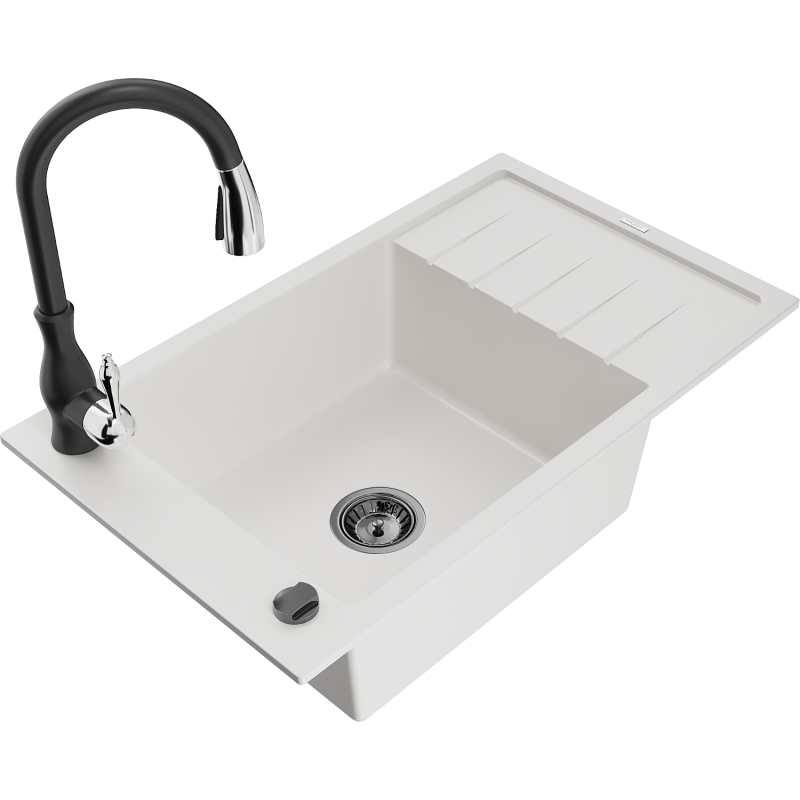 Mexen Elias 1-bowl granite sink with drainer and Savita kitchen mixer tap, white - 6511-20-672601-70
