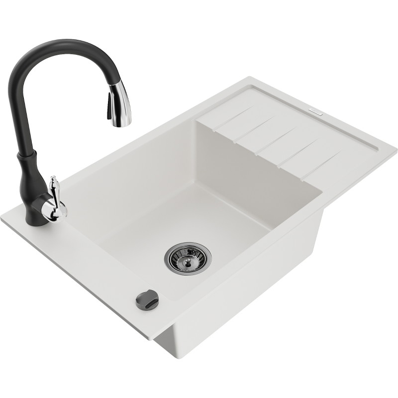 Mexen Elias granite kitchen sink single-bowl with drainer and Savita kitchen faucet, white - 6511-20-672601-70