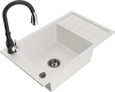 Mexen Elias granite kitchen sink single-bowl with drainer and Savita kitchen faucet, white - 6511-20-672601-70