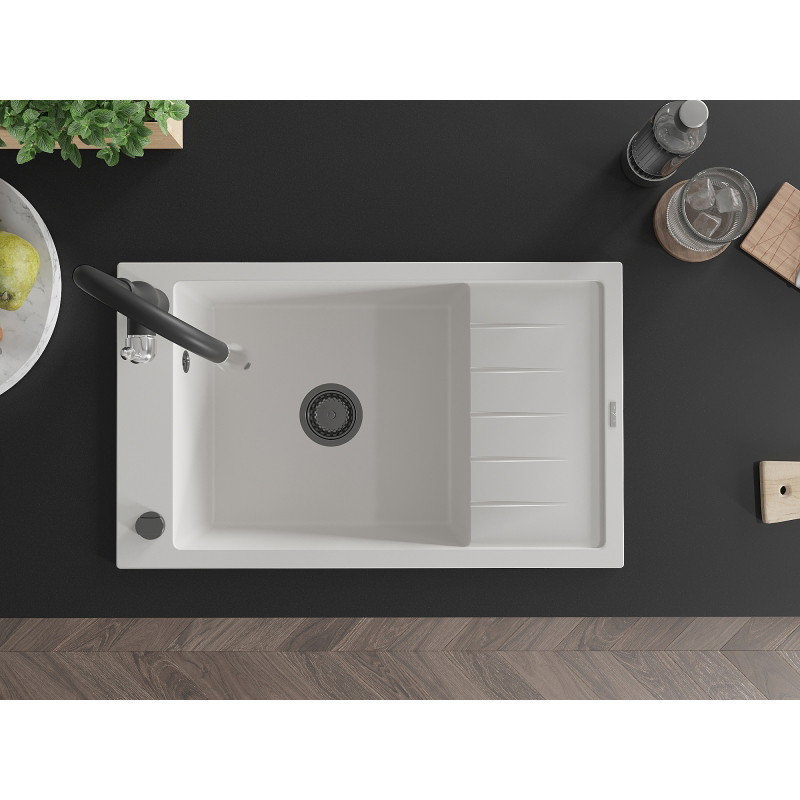 Mexen Elias 1-bowl granite sink with drainer and Savita kitchen faucet, white - 6511-20-672601-70