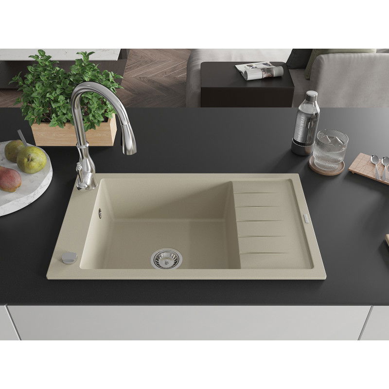 Mexen Elias 1-Bowl Granite Sink with Drainer and Savita Kitchen Tap, Beige - 6511-69-672601-00