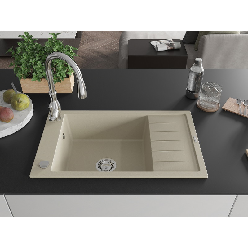 Mexen Elias granite kitchen sink 1-bowl with drainer and Savita kitchen faucet, beige - 6511-69-672601-00