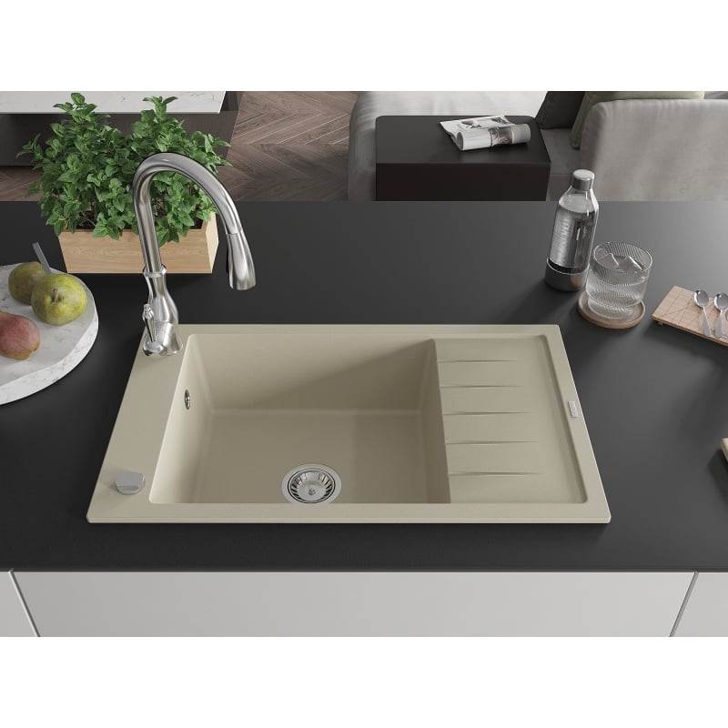Mexen Elias granite sink 1-bowl with drainer and Savita kitchen faucet, beige - 6511-69-672601-00