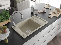 Mexen Elias 1-Bowl Granite Sink with Drainer and Savita Kitchen Tap, Beige - 6511-69-672601-00