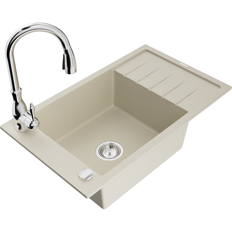 Mexen Elias 1-Bowl Granite Sink with Drainer and Savita Kitchen Tap, Beige - 6511-69-672601-00