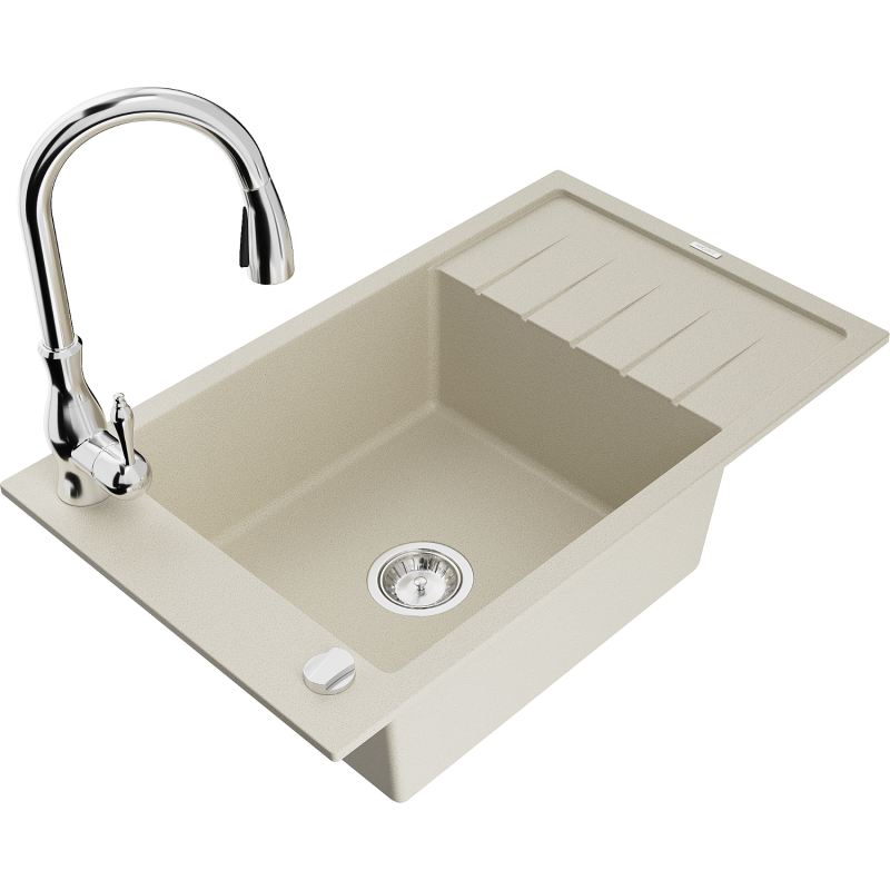 Mexen Elias 1-compartment granite sink with a drip tray and kitchen mixer tap Savita, Beige - 6511-69-672601-00