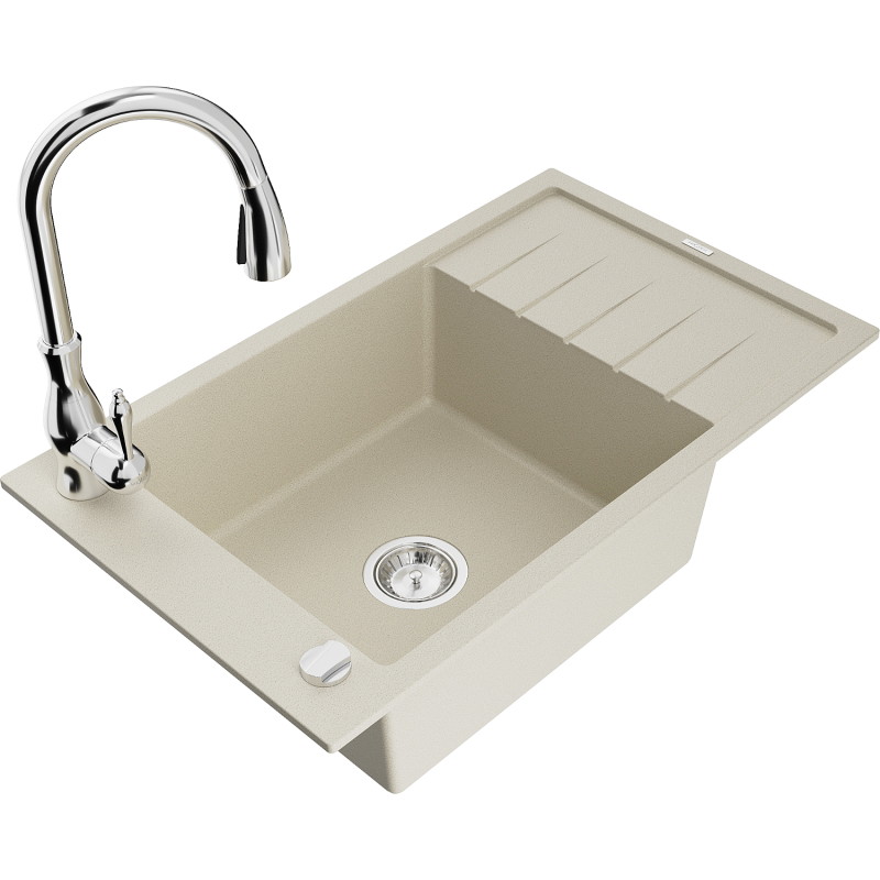 Mexen Elias granite kitchen sink 1-bowl with drainer and Savita kitchen faucet, beige - 6511-69-672601-00