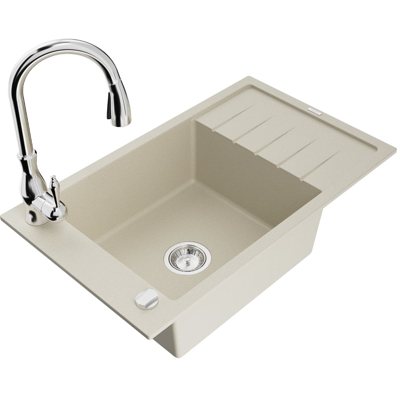 Mexen Elias granite sink 1-bowl with drainer and Savita kitchen faucet, beige - 6511-69-672601-00