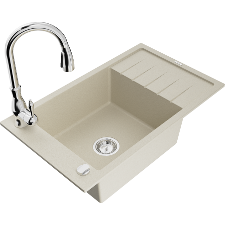 Mexen Elias 1-Bowl Granite Sink with Drainer and Savita Kitchen Tap, Beige - 6511-69-672601-00