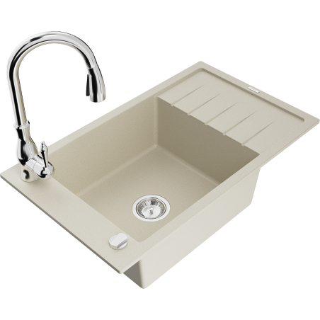 Mexen Elias 1-compartment granite sink with a drip tray and kitchen mixer tap Savita, Beige - 6511-69-672601-00