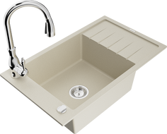 Mexen Elias 1-Bowl Granite Sink with Drainer and Savita Kitchen Tap, Beige - 6511-69-672601-00