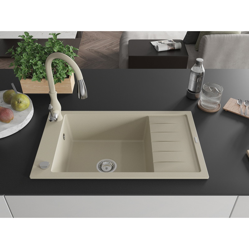 Mexen Elias 1-Bowl Granite Sink with Drainer and Kitchen Faucet Savita, Beige - 6511-69-672601-69
