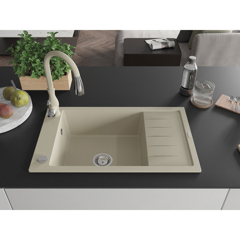 Mexen Elias 1-bowl granite sink with drainer and Savita kitchen tap, beige - 6511-69-672601-69