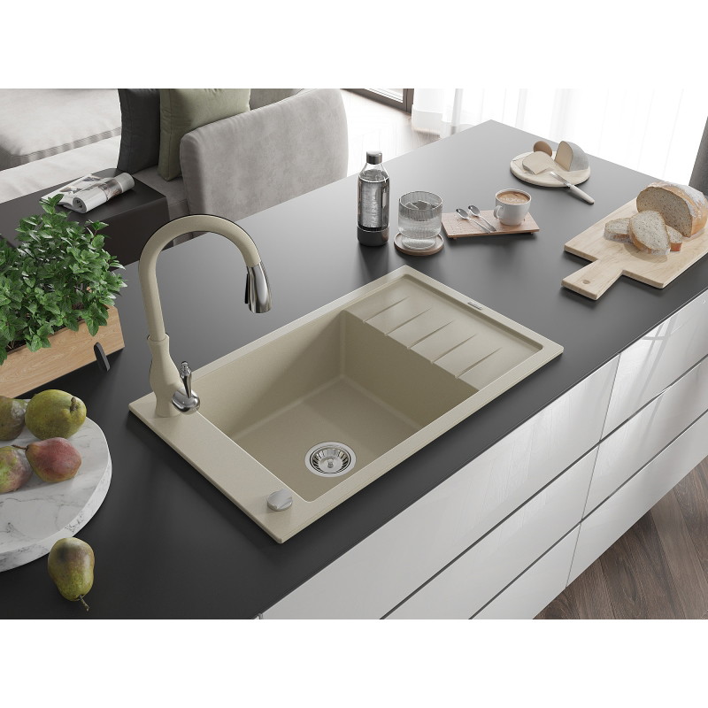 Mexen Elias 1-bowl granite sink with drainer and Savita kitchen faucet, beige - 6511-69-672601-69