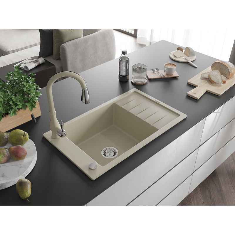 Mexen Elias 1-bowl granite sink with drainer and Savita kitchen tap, beige - 6511-69-672601-69