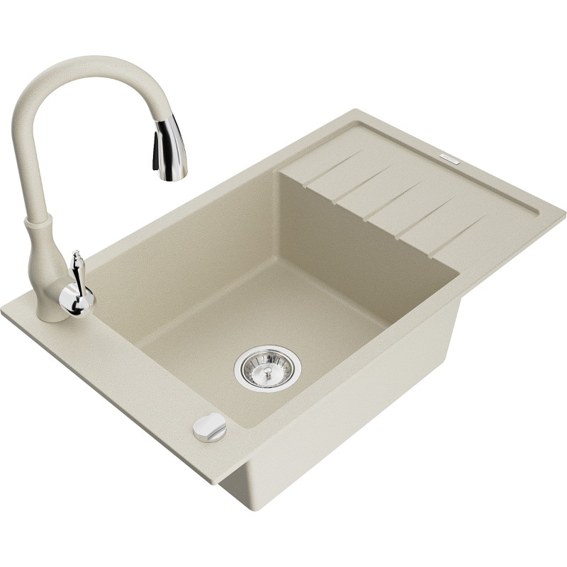 Mexen Elias 1-bowl granite sink with drainer and Savita kitchen faucet, beige - 6511-69-672601-69