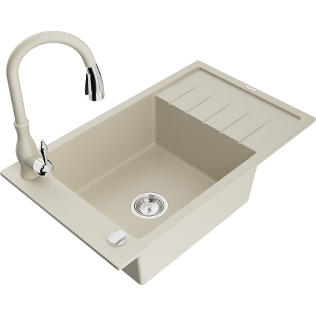 Mexen Elias 1-compartment granite sink with a drip tray and kitchen mixer tap Savita, Beige - 6511-69-672601-69