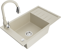 Mexen Elias 1-compartment granite sink with a drip tray and kitchen mixer tap Savita, Beige - 6511-69-672601-69