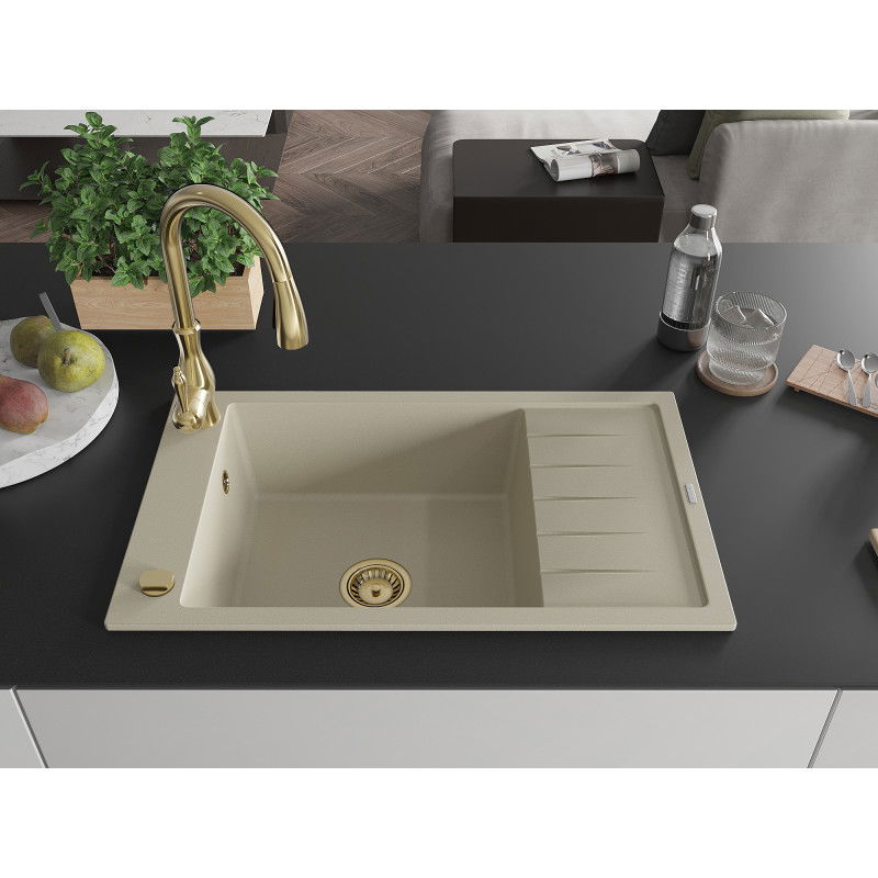 Mexen Elias 1-bowl granite sink with drainer and Savita kitchen tap, beige - 6511-69-672601-50