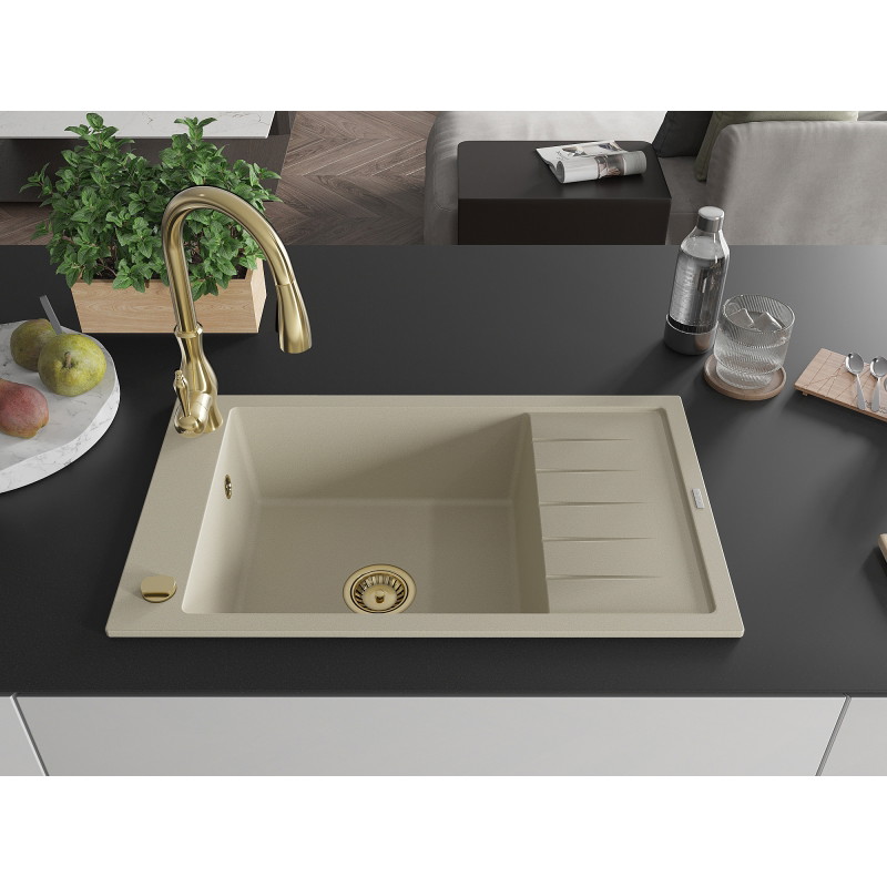 Mexen Elias granite sink 1-bowl with drainer and kitchen faucet Savita, beige - 6511-69-672601-50