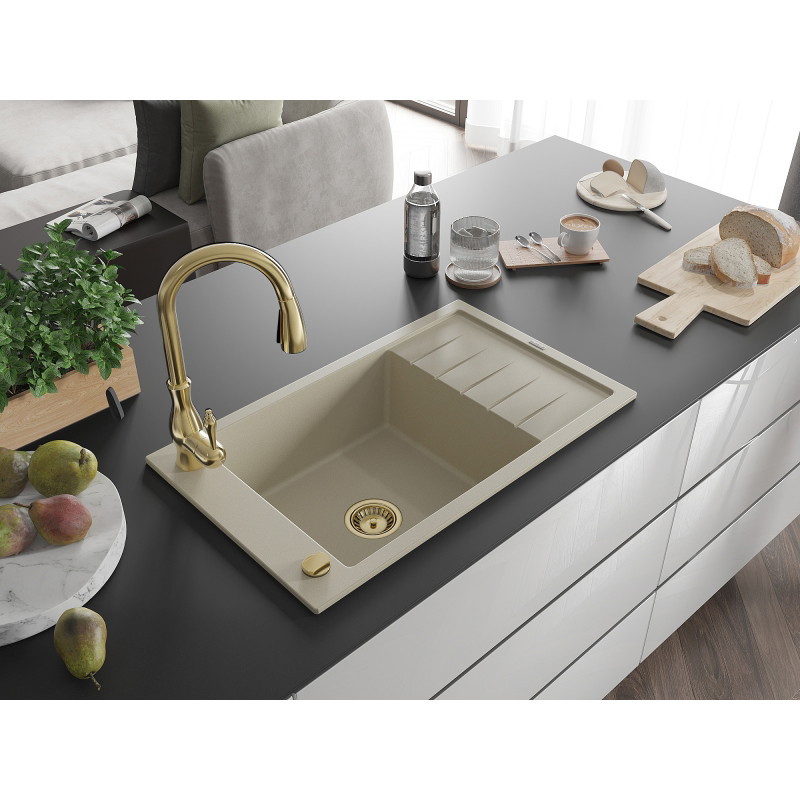 Mexen Elias granite sink 1-bowl with drainer and kitchen faucet Savita, beige - 6511-69-672601-50
