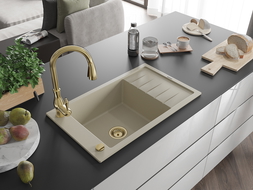 Mexen Elias 1-compartment granite sink with a drip tray and kitchen mixer tap Savita, Beige - 6511-69-672601-50