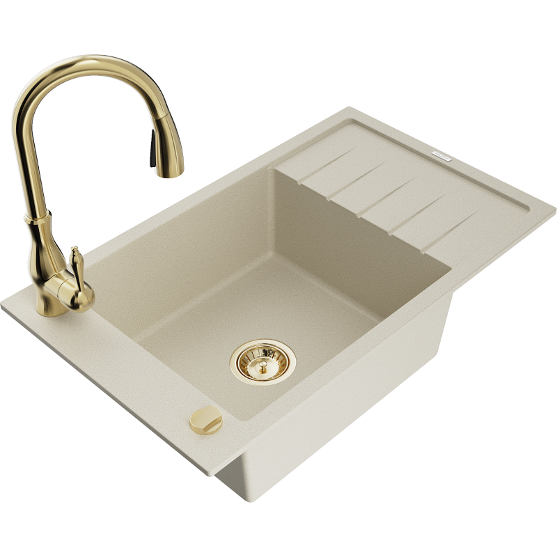 Mexen Elias 1-bowl granite sink with drainer and Savita kitchen tap, beige - 6511-69-672601-50