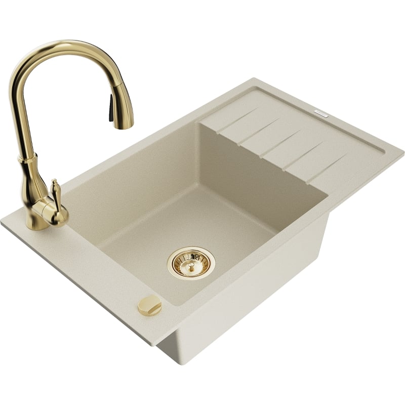 Mexen Elias granite sink 1-bowl with drainer and kitchen faucet Savita, beige - 6511-69-672601-50