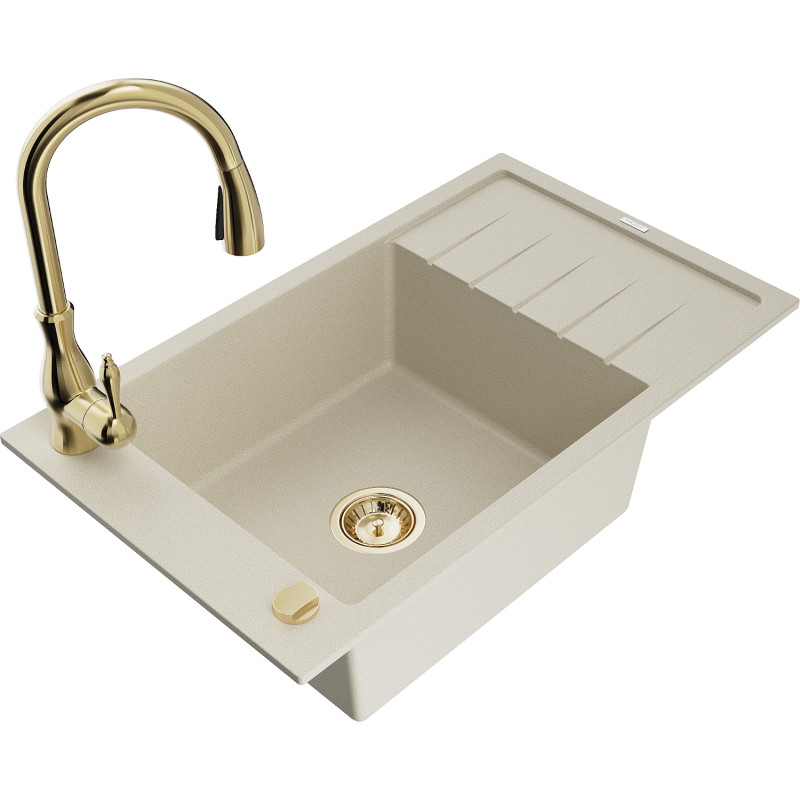 Mexen Elias Savita Beige Granite 1-Bowl Sink with Drainer and Kitchen Faucet - 6511-69-672601-50
