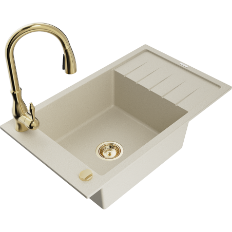 Mexen Elias 1-bowl granite sink with drainer and Savita kitchen tap, beige - 6511-69-672601-50
