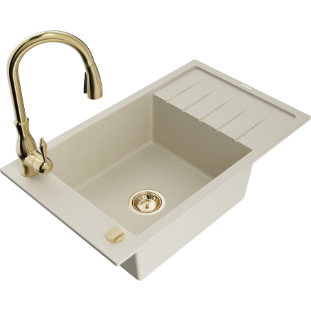 Mexen Elias granite sink 1-bowl with drainer and kitchen faucet Savita, beige - 6511-69-672601-50