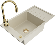 Mexen Elias 1-compartment granite sink with a drip tray and kitchen mixer tap Savita, Beige - 6511-69-672601-50