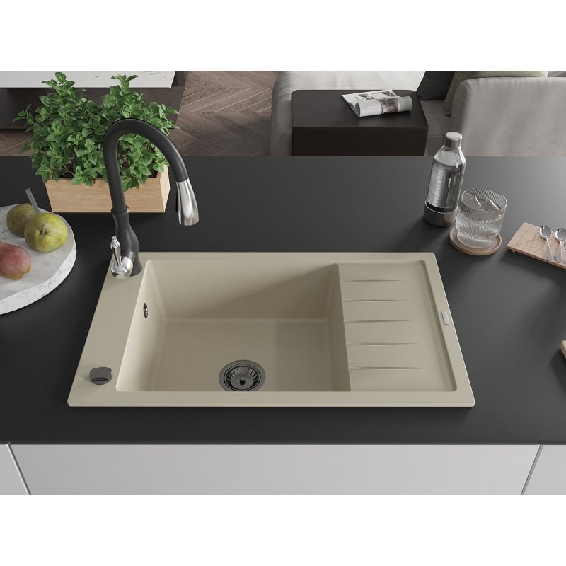 Mexen Elias 1-bowl granite kitchen sink with drainer and Savita kitchen faucet, beige - 6511-69-672601-70